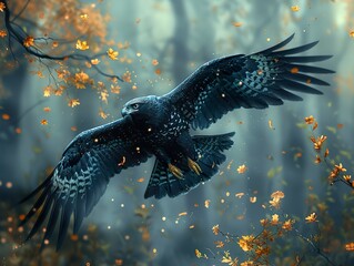 Wall Mural - Majestic Hawk Soaring Through Autumn Forest