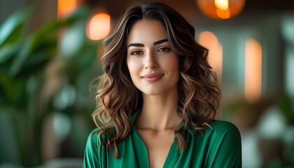 Confident woman in a vibrant green outfit radiating joy in a chic, illuminated environment