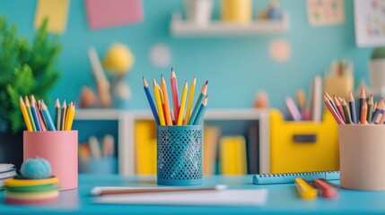 miniature school supplies on tiny desk, educational banner for kids, back to school concept with space for text