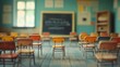 © Aliaksandra - miniature vintage chairs and tiny blackboard in a small empty classroom, conveying an educational concept with tiny student figures