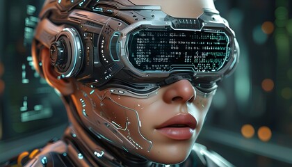 Futuristic digital portrait merging human features with binary code, representing the intersection of technology, artificial intelligence, and virtual reality.