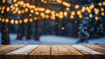 Wall Mural - rustic wood table winter mockup with glowing bokeh lights, snow, and pine trees background