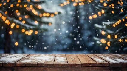 Wall Mural - rustic wood table winter mockup with glowing bokeh lights, snow, and pine trees background