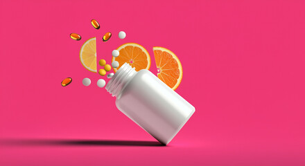 Vitamin bottle with supplements and citrus fruits on pink background