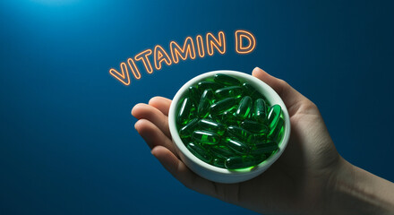 Vitamin capsules in hand for health and wellness green vitamin D supplements for immune support and overall health