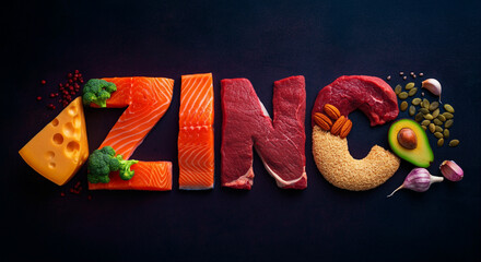 Wall Mural - Food ingredients arranged to spell Zinc with salmon broccoli cheese and nuts highlighting healthy nutrition for vitality