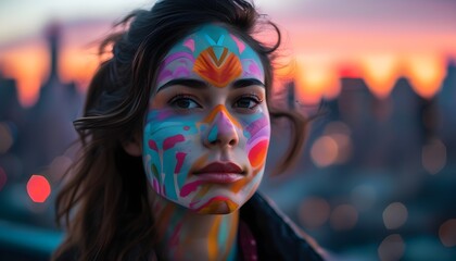 Wall Mural - Vibrant face art against a stunning city skyline backdrop