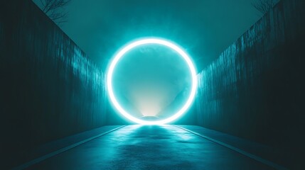 Wall Mural - Neon Circle Light in Dark Alleyway,  Cyberpunk Futuristic Sci Fi Background