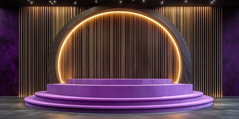 purple modern curved podium stage design with luxury wood panels wall 