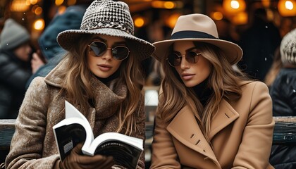 Wall Mural - Chic women relaxing outdoors, adorned in stylish hats and coats, savoring a sunny day while engrossed in books amidst a bustling public space.