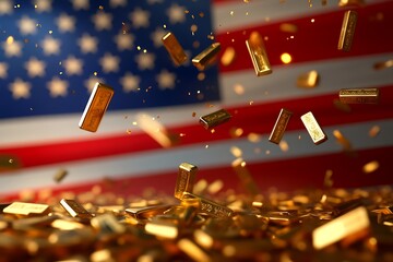 Gold bars falling on American flag. Concept of wealth, prosperity, and financial success