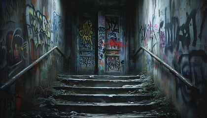 Wall Mural - Eerie Abandoned Staircase Leading to Ominous Door in Gloomy, Mysterious Atmosphere with Graffiti