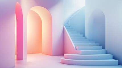 Wall Mural - abstract 3d rendering of a white staircase with two arched doorways in a room with pink and orange w