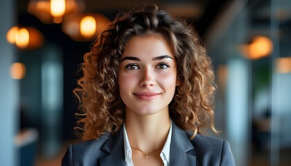 Confident young woman with curly hair in business suit exudes professionalism in contemporary office environment