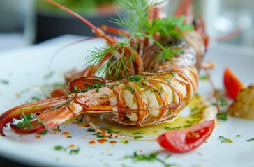 Delicious lobster dish being served on white plate