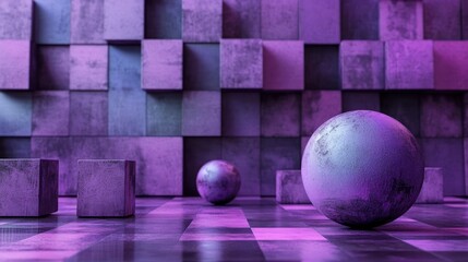 Poster - a large, textured sphere rests on a checkered purple floor in front of a textured, purple wall.