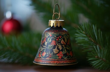 Christmas bell ornament hanging from a pine tree branch