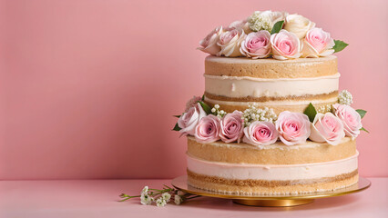 Tasty Birthday or wedding cake with elegant floral decorations on table against pink background in front of a soft blush background being poured to create a romantic and sophisticated effect.