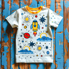 Poster - A white shirt with a rocket on it and stars and planets