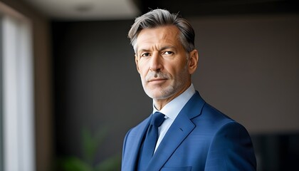 Wall Mural - Confident middle-aged businessman in a blue suit exuding professionalism and success in a modern indoor setting