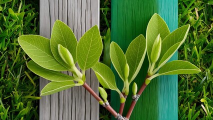 Sticker - Green leaves on twigs, sward and wooden planks background