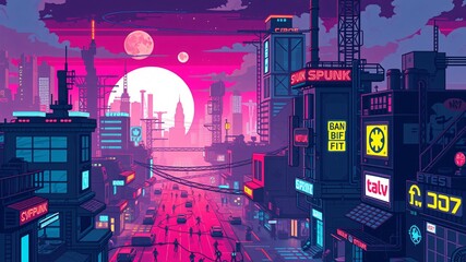 Poster - pixel 8-bit cyberpunk city background