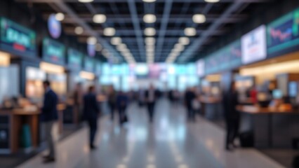 Blur, defocused background of public exhibition hall. Business tradeshow, job fair, or stock market. Organization or company event, commercial trading, or shopping mall marketing advertisement concept