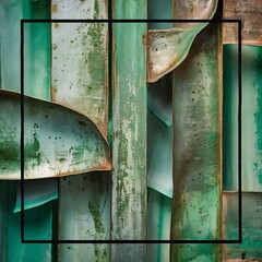 Abstract metallic background texture on green blue background with grunge black border, metal background or teal blue paper or painted cement background