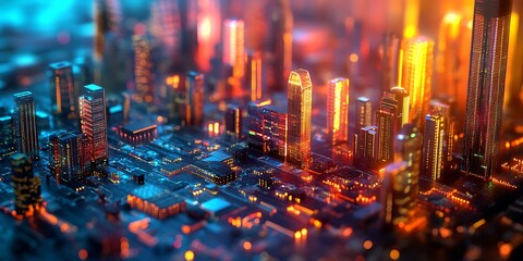 Poster - Abstract Futuristic Cityscape with Glowing Neon Lights and Buildings