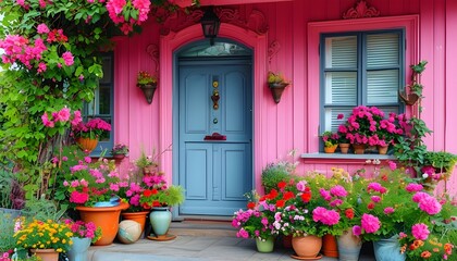 Wall Mural - Charming entrance of a pink house featuring an ornate door, embraced by vibrant flowers and potted plants, radiating warmth and invitation.