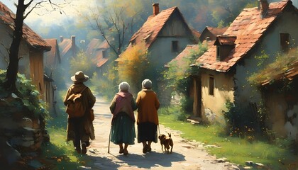 Nostalgic stroll through a charming village with elderly friends and a dog, immersed in warmth and serenity of a painted landscape