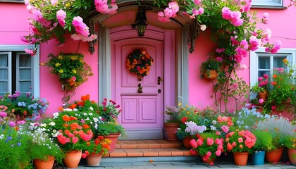 Wall Mural - Charming entrance of a pink house featuring an ornate door, embraced by vibrant flowers and potted plants, radiating warmth and invitation.