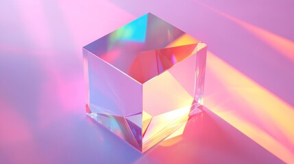 Wall Mural - a clear glass cube sits on a pastel pink surface. the cube is reflecting light, creating a rainbow e