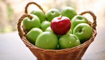 a basket brimming with shiny green apples showcases one red apple at its center creating a striking contrast in color and adding visual appeal to the arrangement