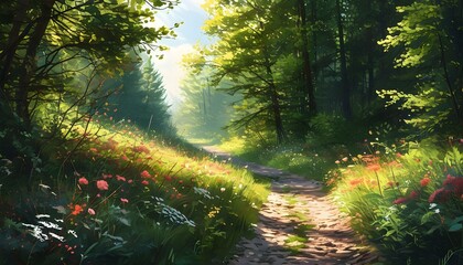 Wall Mural - Serene forest path illuminated by sunlight, adorned with wildflowers and lush greenery, perfect for peaceful nature-inspired projects