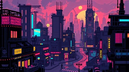 Canvas Print - pixel 8-bit cyberpunk city background