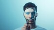 © huiying - Focused magnifying glass over blurred human portrait, minimalist background with hidden clues, concept of investigation, discovery, and identity search.