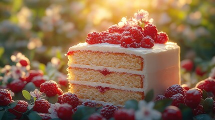 Wall Mural - A slice of vanilla cake with raspberry filling and frosting, surrounded by raspberries and blossoms, with warm, golden light shining on the scene.