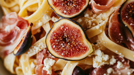 Wall Mural - a close-up, top-down view of prosciutto and fig tagliatelle, filling the entire frame with the focus on the pasta's intricate details