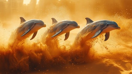 Three dolphins leap out of the water, creating a spray of water and sand.