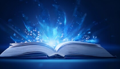 Wall Mural - mystical glowing book emanating magical aura against deep blue background swirling particles and ethereal light create sense of wonder and arcane knowledge