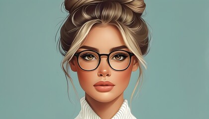 Wall Mural - Stylish modern woman with glasses and bun hairstyle, embodying creativity and elegance in digital illustration