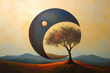 A whimsical and surreal landscape composition featuring a circle is depicted in a painting that includes a tree and a moon.