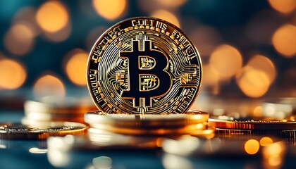 Shimmering Bitcoin Coins Stacked Against Blurred Background Symbolizing Digital Currency and Value