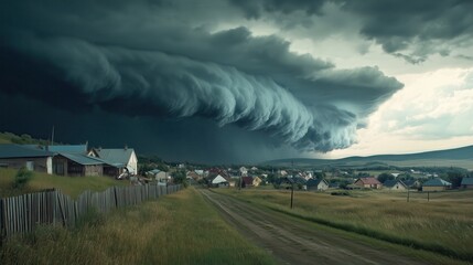 Wall Mural - a storm is approaching a small town, with houses and a road in the background. the sky is dark and c