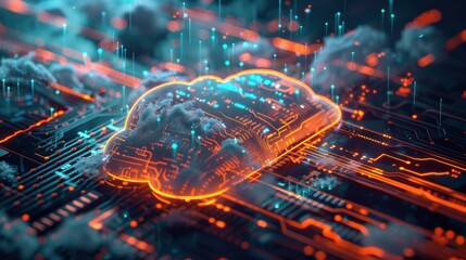 Poster - abstract concept of cloud computing with a glowing orange cloud icon on a futuristic circuit board.
