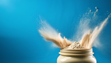 Wall Mural - protein powder explosively splashing into a glass jar against a vibrant blue background nutritional supplements dynamic and energetic portrayal of protein intake