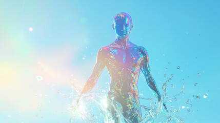 background with an iridescent human shapes and a gentle water splash in an ultra-soft focus, emphasizing a dreamy, ethereal y2k aesthetic, pure blue sky background