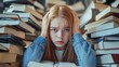 © B 7 YOU - Young woman overwhelmed by a stack of books, stressed, and feeling pressured.