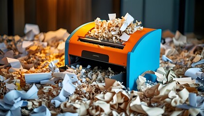 Wall Mural - Vibrant paper shredder brimming with colorful shredded documents, symbolizing waste management and recycling in a contemporary office setting